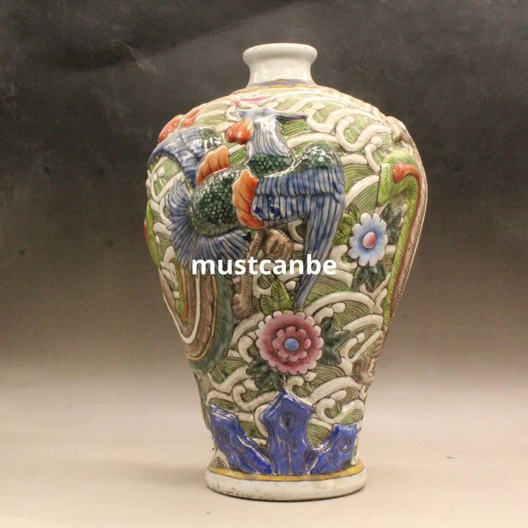 清道光彫刻パステル鳳紋梅瓶 景徳鎮 陶磁器 装飾品 現代工芸品 美術品 置物