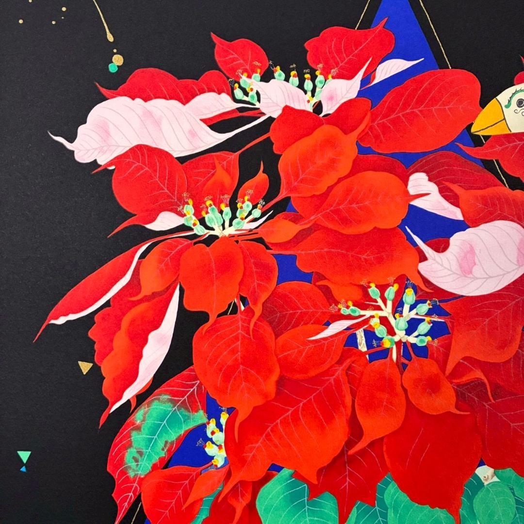 中島千波「ポインセチア」リトグラフ 直筆サイン・落款有 額縁入り