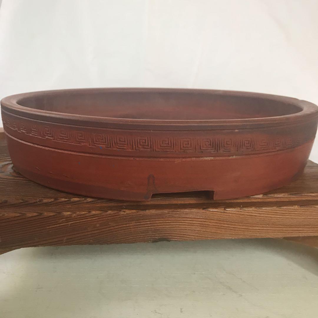 盆栽鉢　美しい紅泥朱泥骨董盆栽鉢落款有豊林丸鉢25cm✖️5cm雷文山野草南蛮鉢