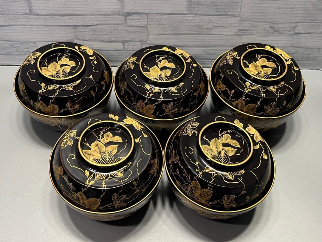 極上　輪島塗　沈金蒔絵　大きめ　吸物椀　煮椀　五客　木製　五客はラストです。