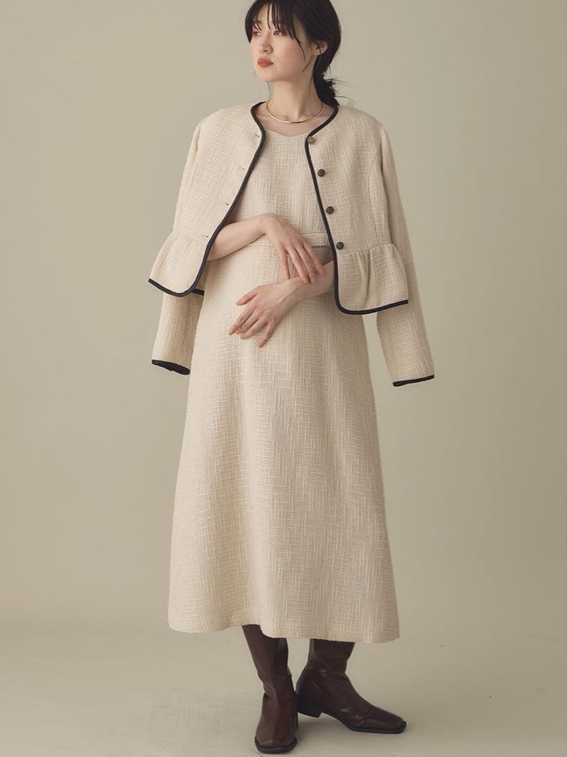 ツィードペプラムジャケット　パフスリーブワンピース
