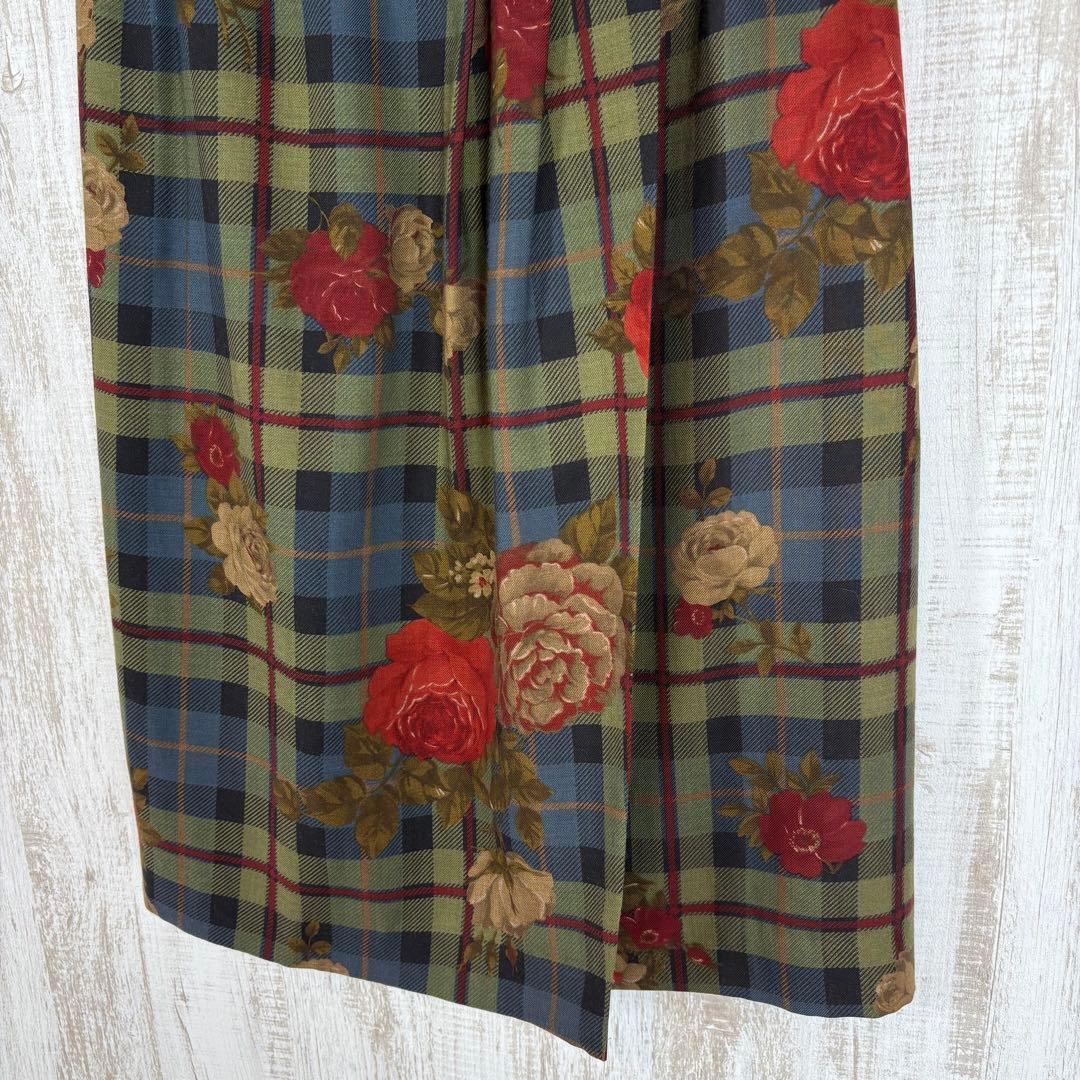 美品 90s Burberrys 花柄 チェック ウール シルク 巻きスカート