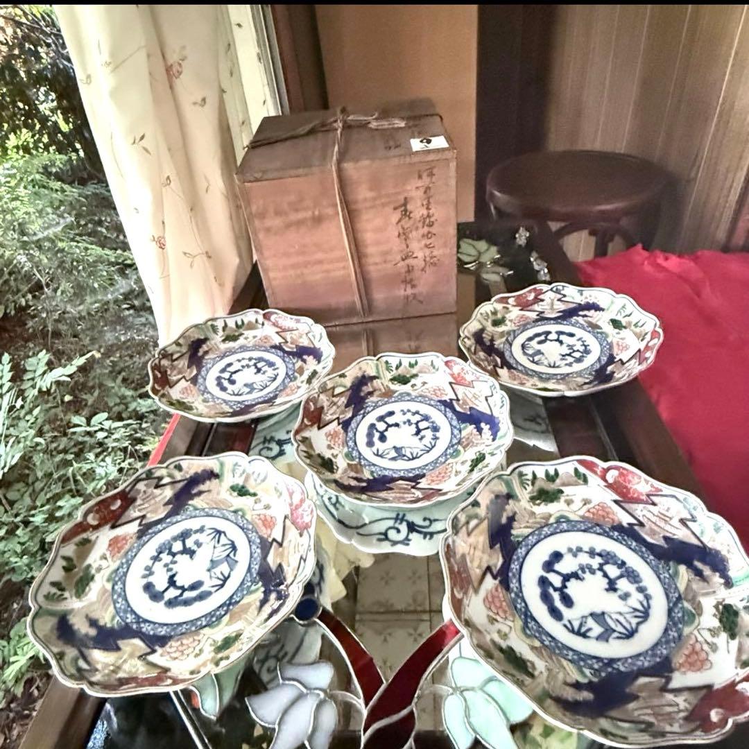 新春特別価格‼️降誕祭GOLD伊万里錦手　帆かけ舟❌山水❌米俵富貴長春八寸皿5客