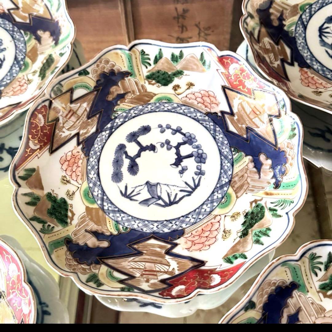 新春特別価格‼️降誕祭GOLD伊万里錦手　帆かけ舟❌山水❌米俵富貴長春八寸皿5客