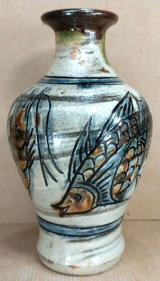 【本物保証】金城次郎 海老魚紋花瓶 共箱 栞 人間国宝 壷屋焼 壺屋焼 やちむん