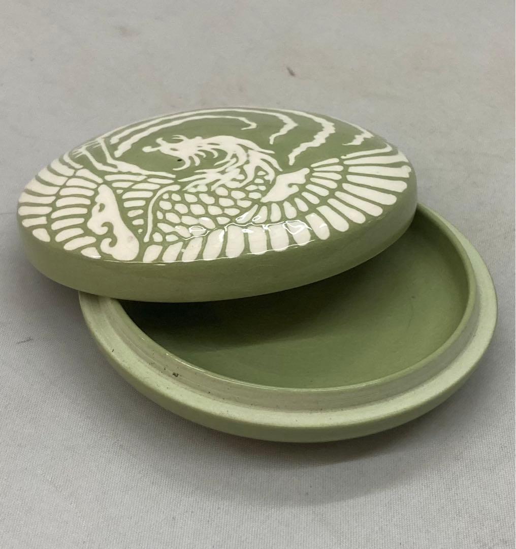 B158s 錦光山造 薄緑地白鳳凰図 香合 京焼 香道具 茶道具 箱