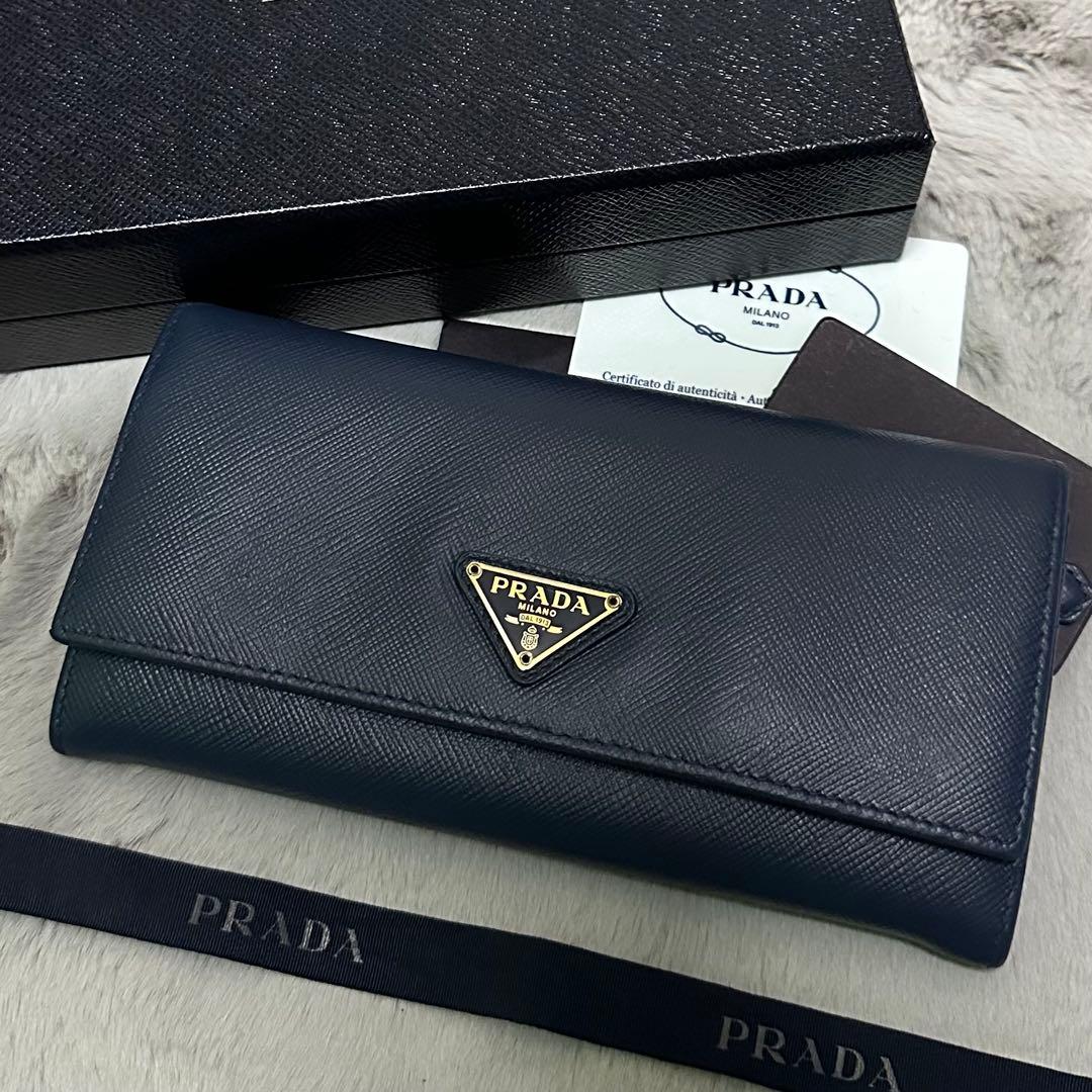 美品✨ PRADA プラダ 折り財布 サフィアーノレザー ブルー 三角ロゴ