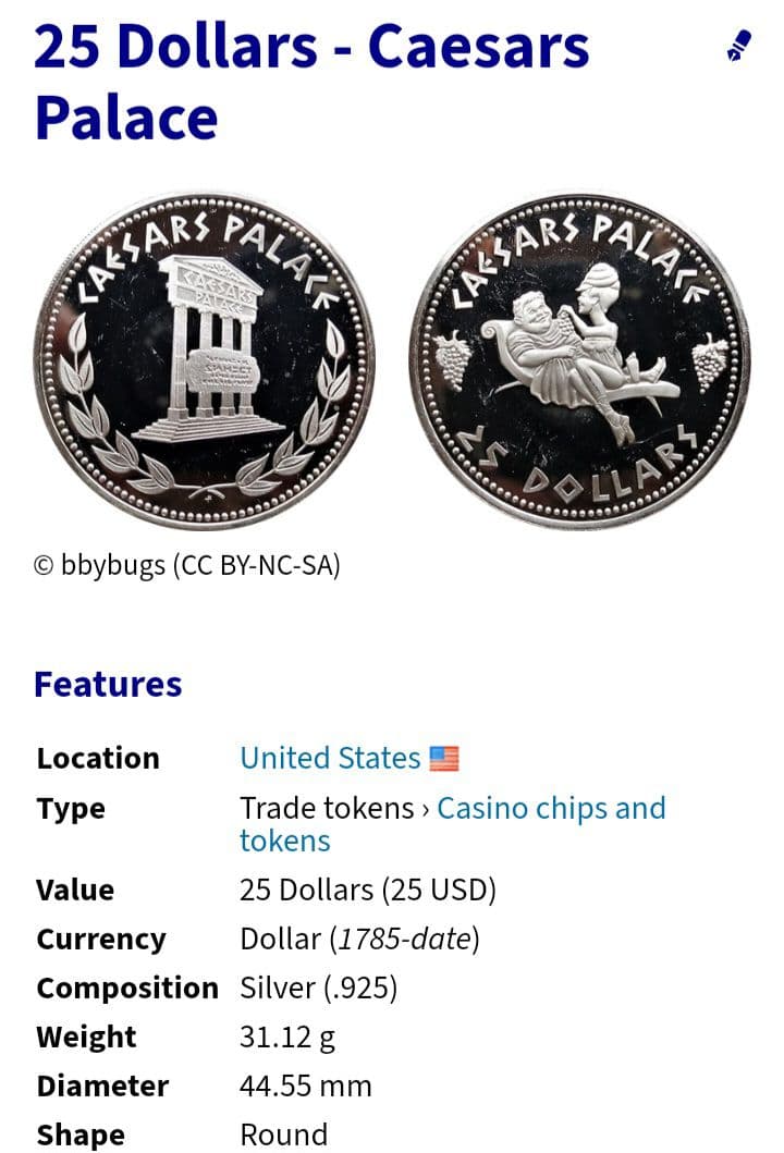 大きめの銀貨 銀品位(.925) アメリカ合衆国 シーザーズパレスの銀貨