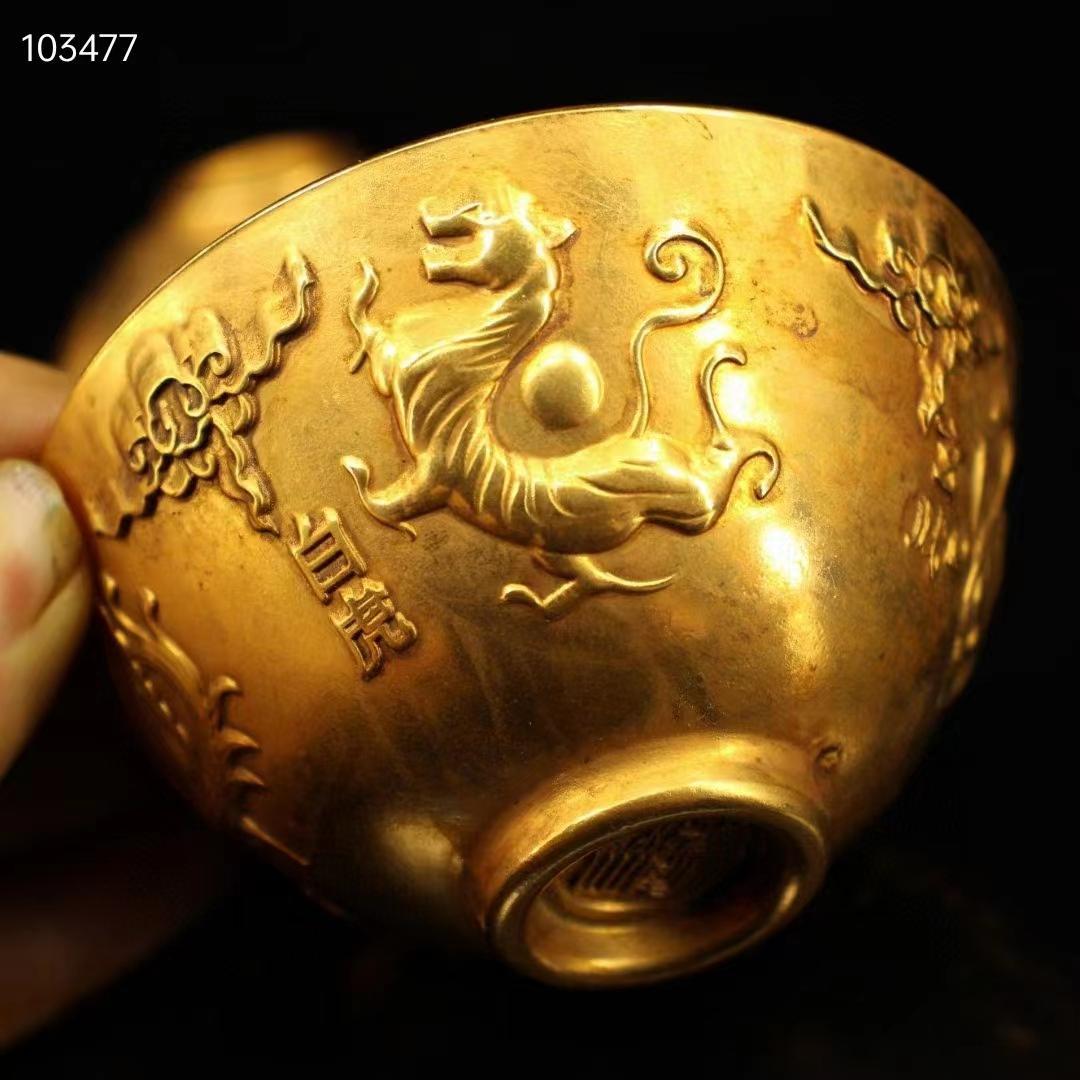 中国古美術・旧蔵收・純銅・純手作り・鎏金四神獣供碗