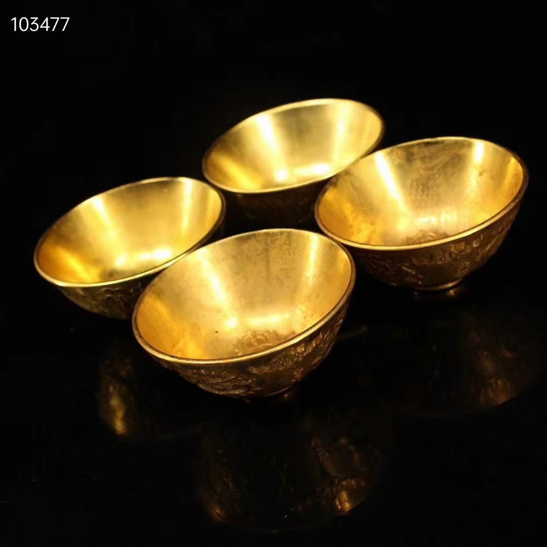 中国古美術・旧蔵收・純銅・純手作り・鎏金四神獣供碗