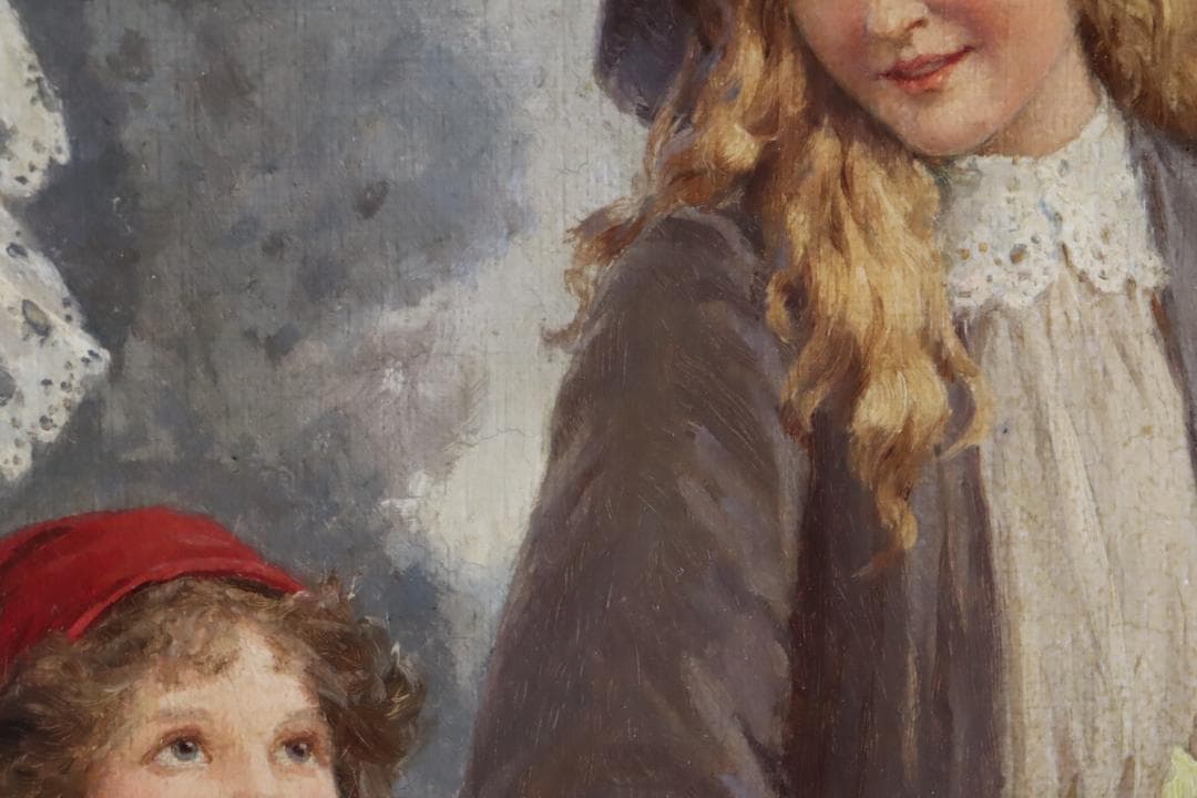 真作保証 西洋美術 ヨーロッパ絵画 「少女と女性」油彩20号 18～19世紀