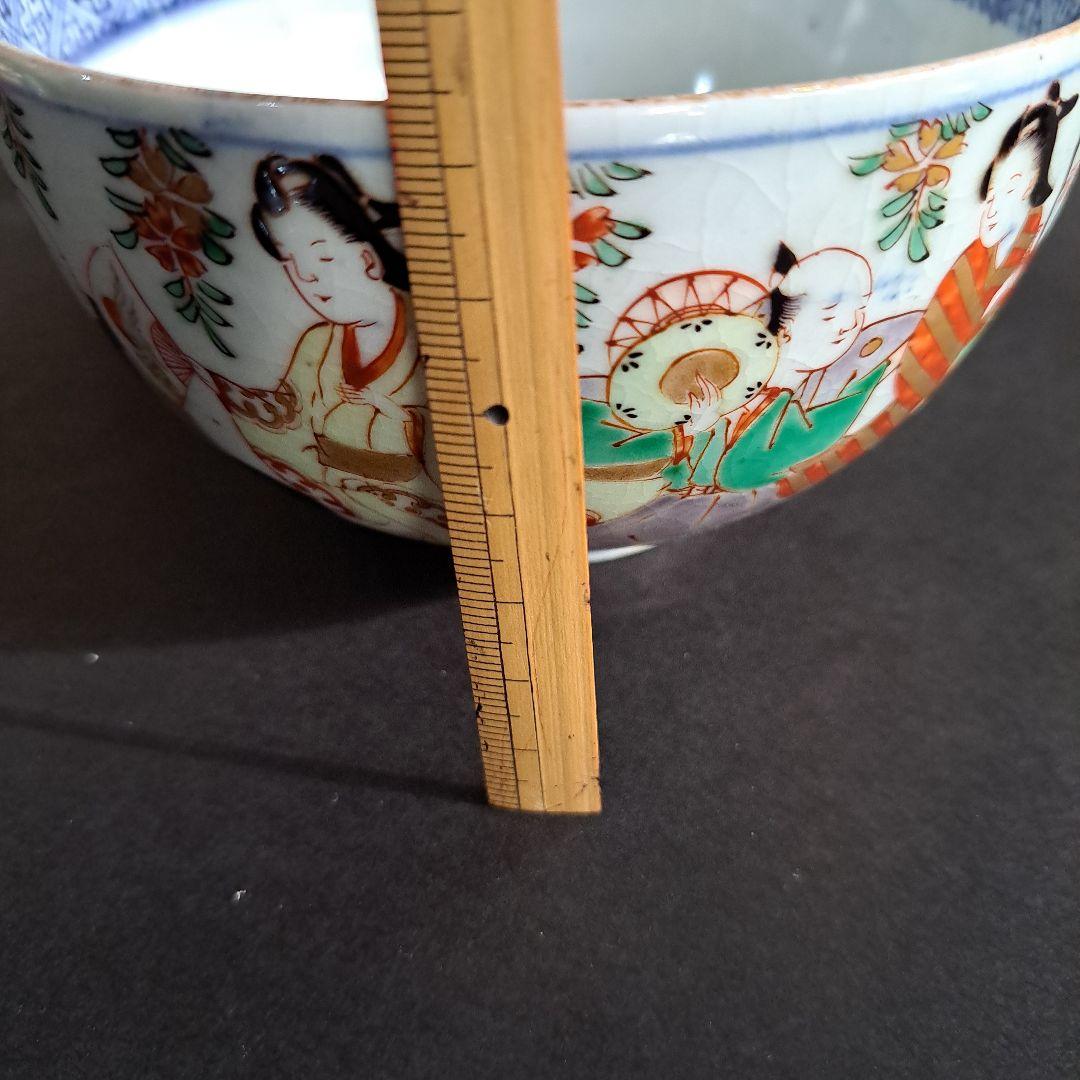 江戸中期　古伊万里　珍品　元禄　錦鉢　風俗美人文　染付　名入　共箱入　金継有り