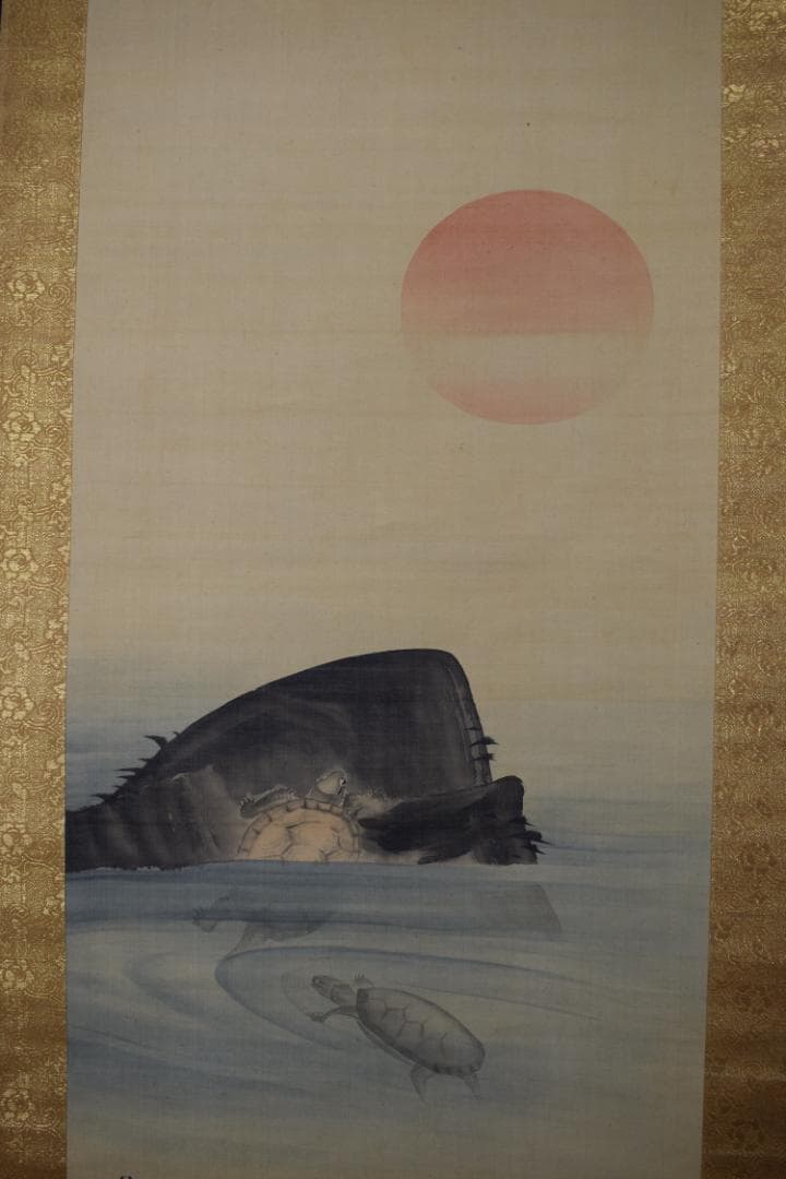 真作】松村呉春/月渓/日ノ出鶴亀図/掛軸☆宝船☆Z-366