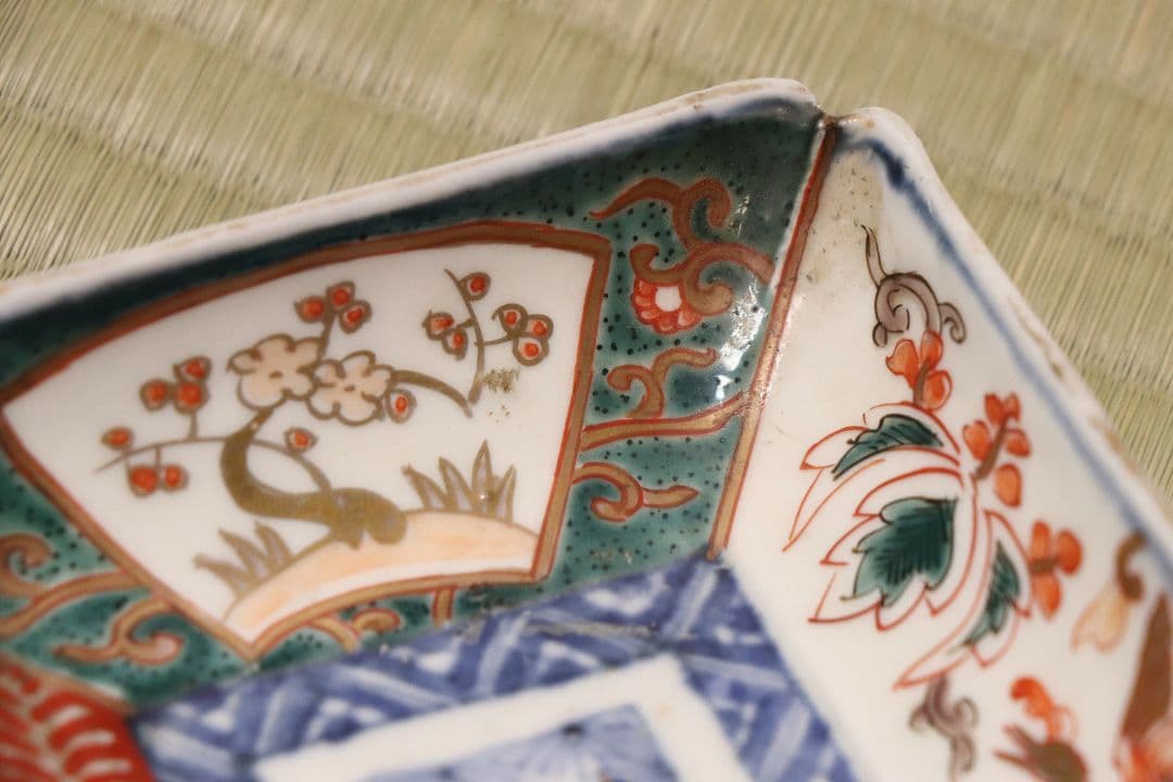 CM51】古伊万里 色絵 長方刺身皿 角皿 五客 桐鳳凰 松竹梅 扇面