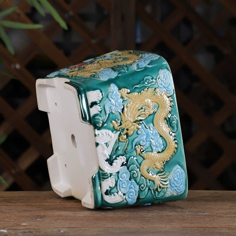 レリーフ竜丸角四方鉢 多肉菖蒲盆栽 植木鉢 小品盆栽鉢 大品盆栽