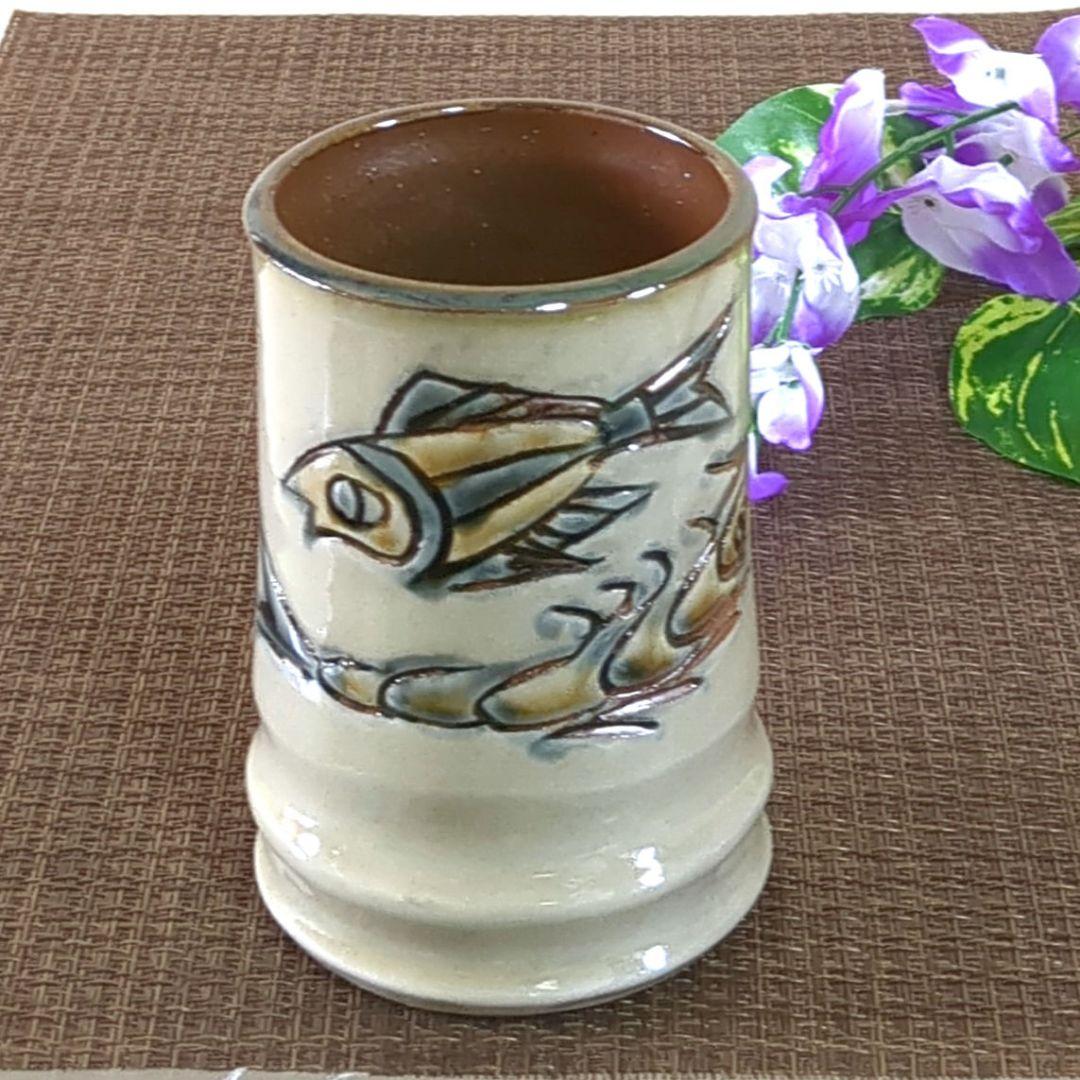 沖縄やちむん　壺屋焼　宮陶房　宮城須美子　レア✨️　蟹 海老 魚紋　ビアジョッキ