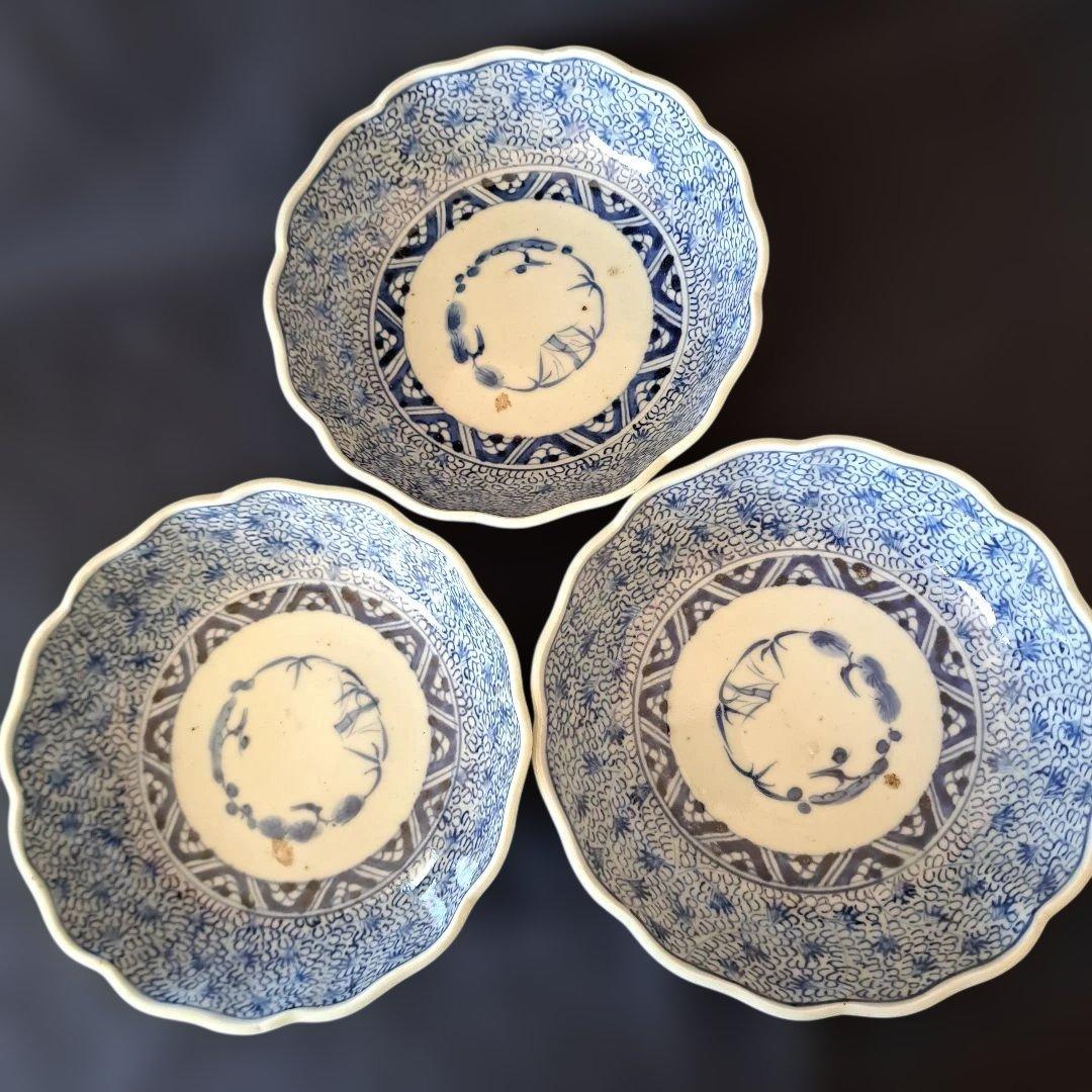 人気の微塵(みじん)唐草文」 古伊万里皿(直径15.5cm) 3客セット 骨董