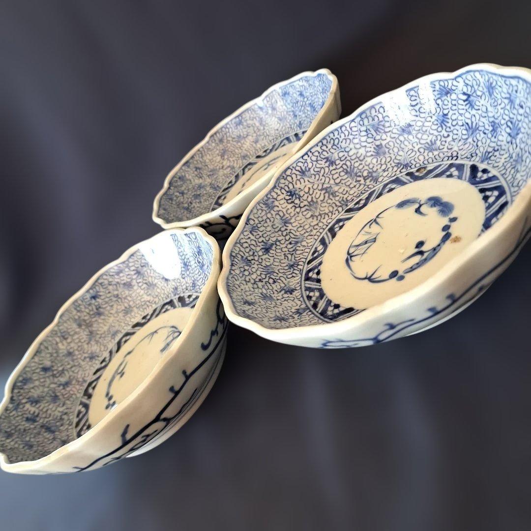 人気の微塵(みじん)唐草文」 古伊万里皿(直径15.5cm) 3客セット 骨董