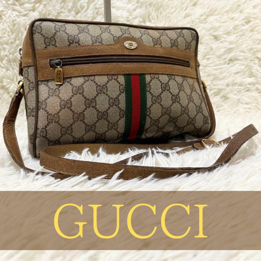 大容量 オールド グッチ GG 総柄 レザー ショルダーバッグ シェリーライン