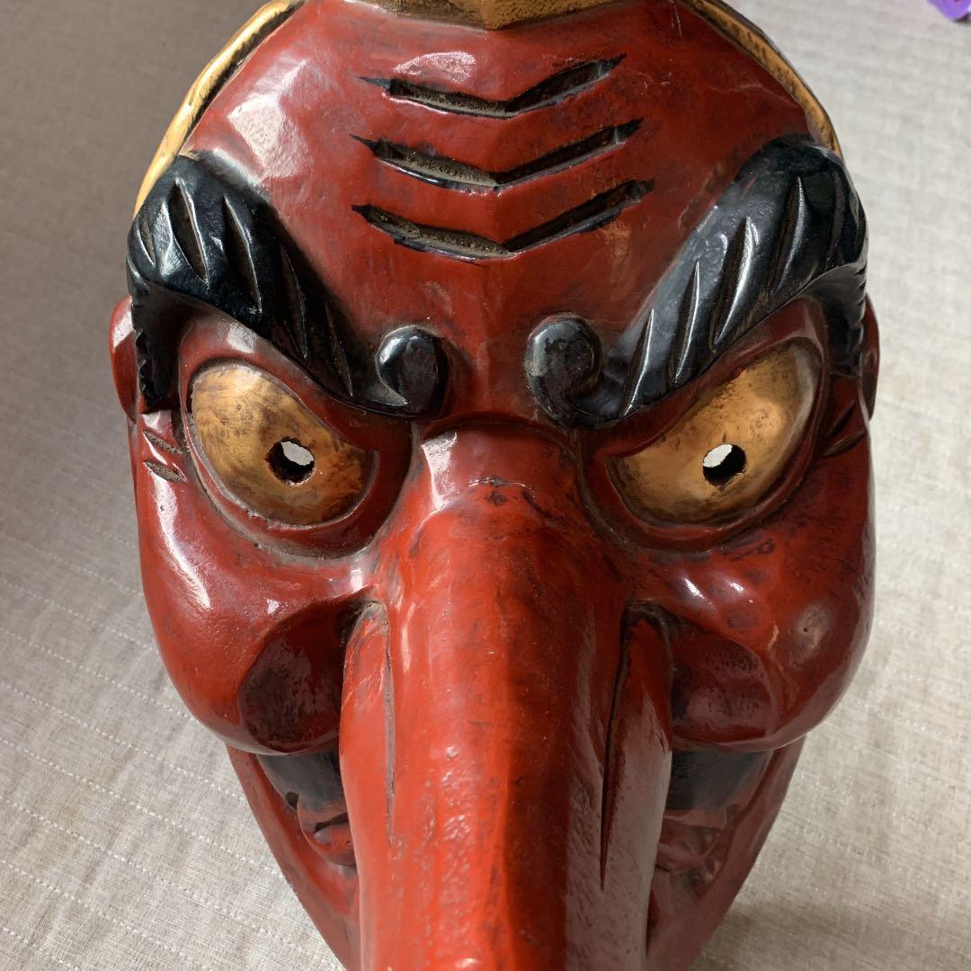 木彫り 天狗面 オブジェ 迫力あります！ 送料無料 面