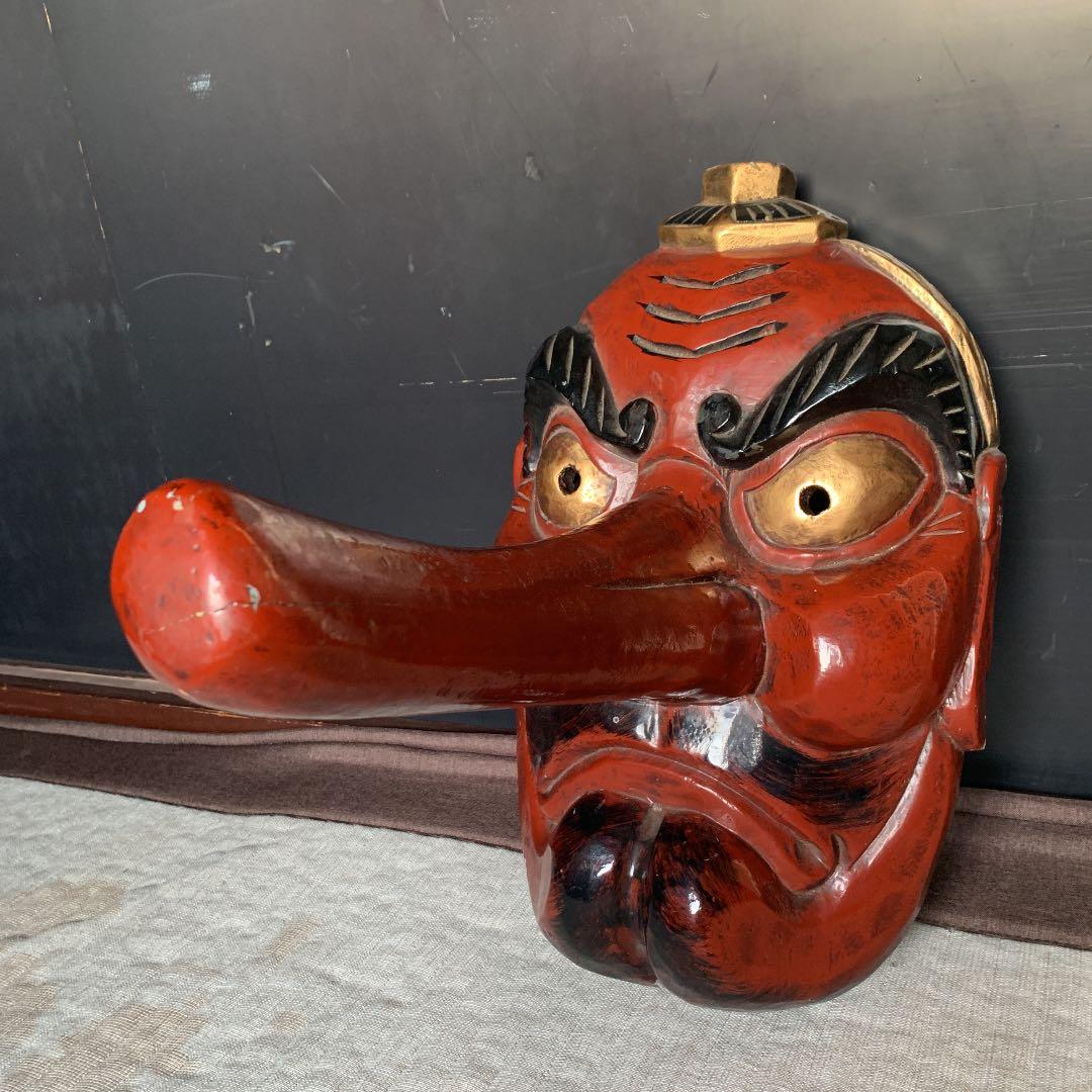 木彫り 天狗面 オブジェ 迫力あります！ 送料無料 面