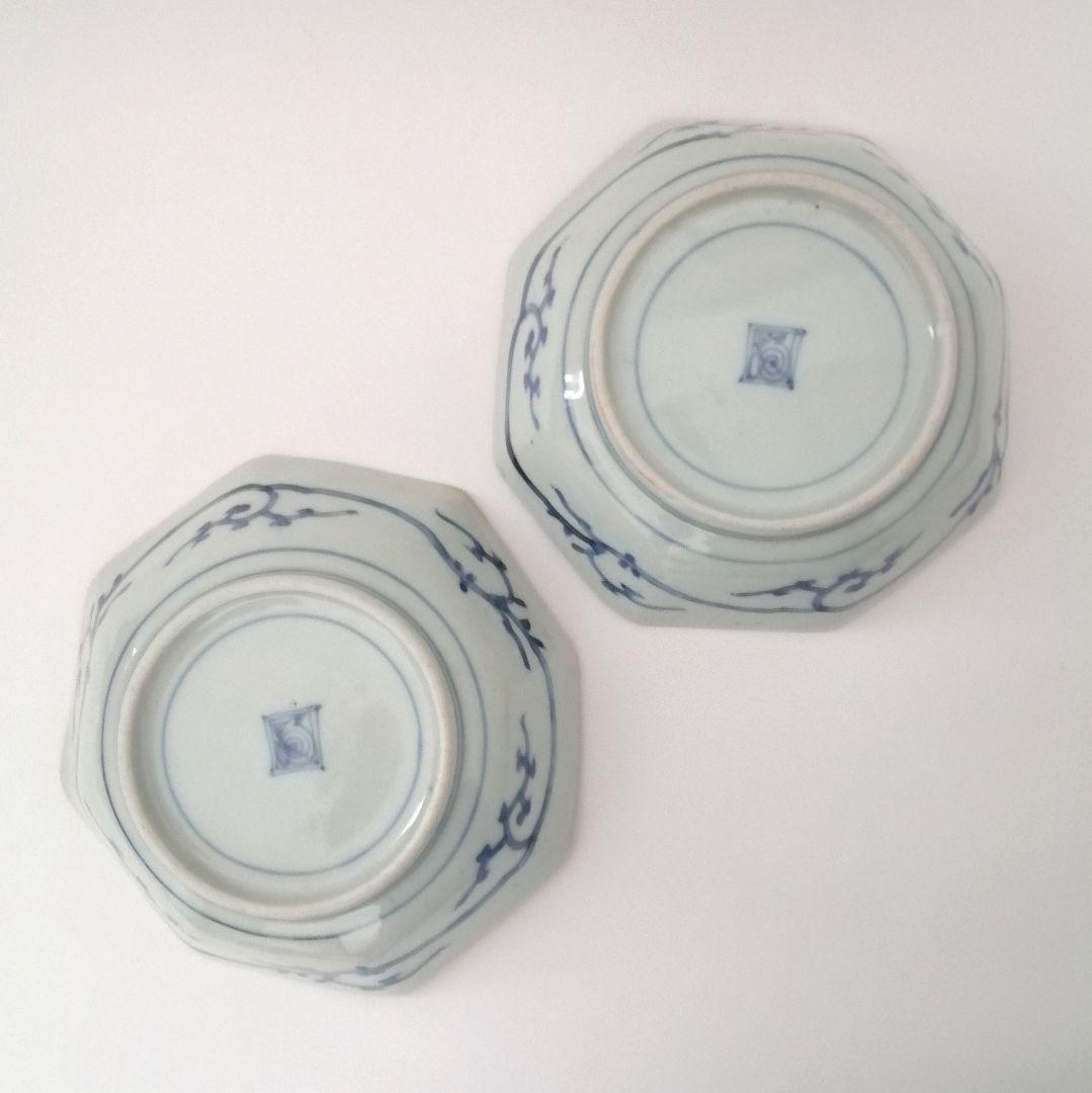 古伊万里 角福 色絵 若松 松竹梅に桃図 八角 なます皿 2客