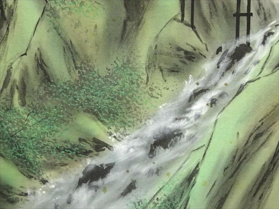 真作】掛軸 加茂敬山『彩色山水』絹本 肉筆 共箱付 掛け軸 g08266