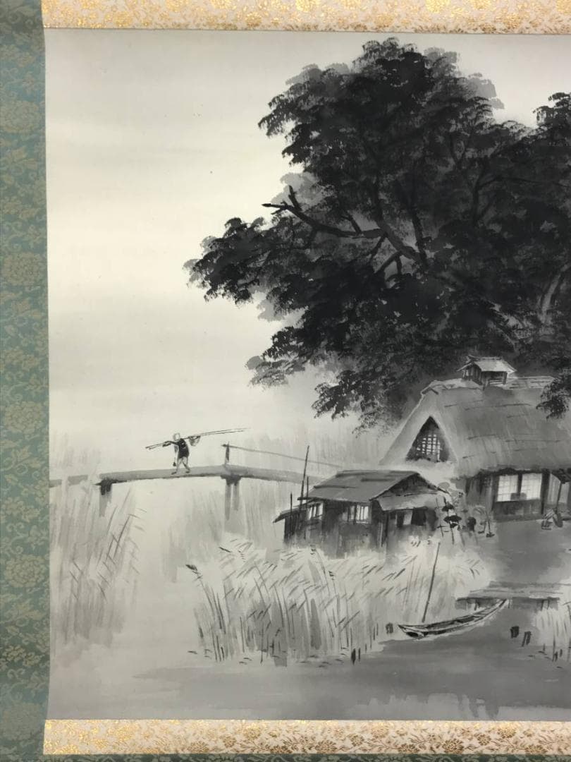 真作】佐藤耕寛/漁村図/山水図/横物/掛軸/名家伝来/AD-652