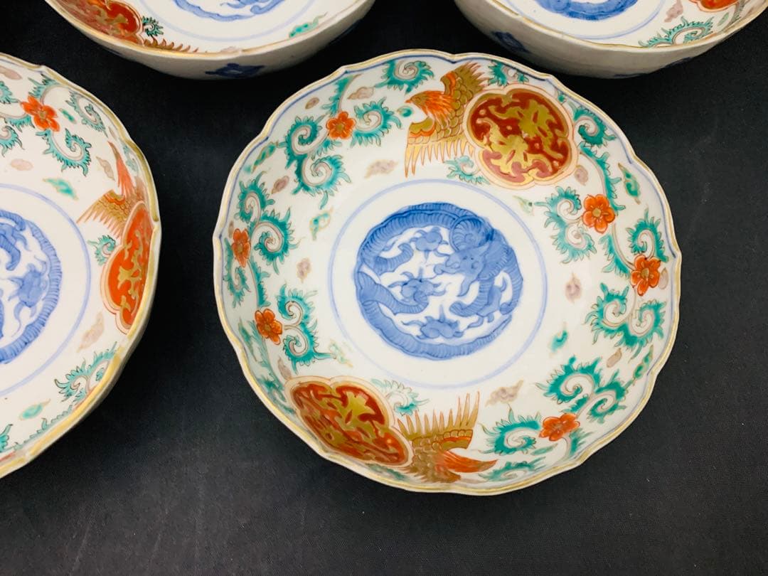 錦手金彩色絵　花唐草　龍　鳳凰　なます皿　5客　伊万里　時代皿