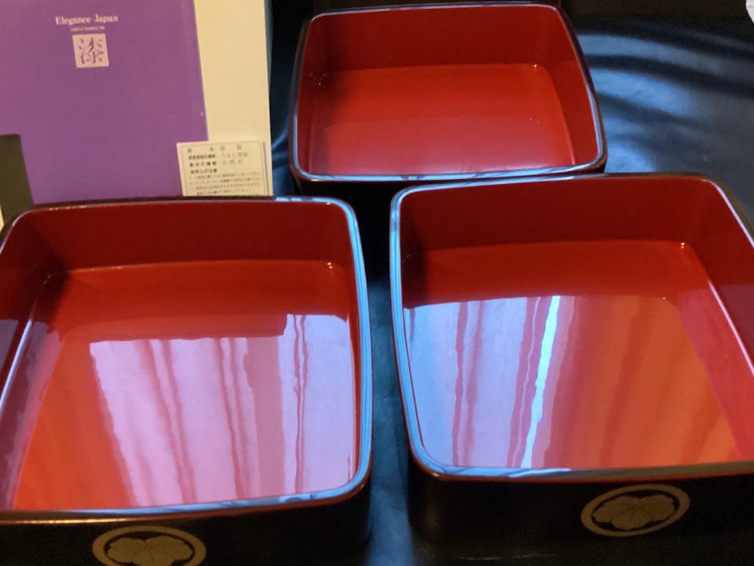 越前漆器　越前塗　三段重箱　天然木　溜内朱　6.5寸　家紋入　お正月　未使用美品