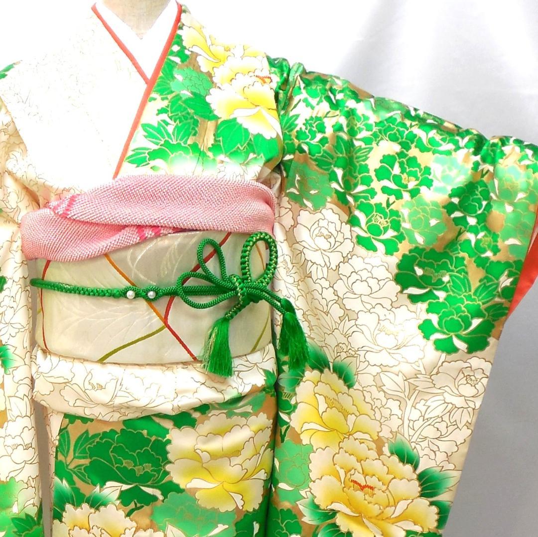 美品☆振袖フルセット 正絹 成人式 振袖 7点セット Sサイズ 緑 金彩 花