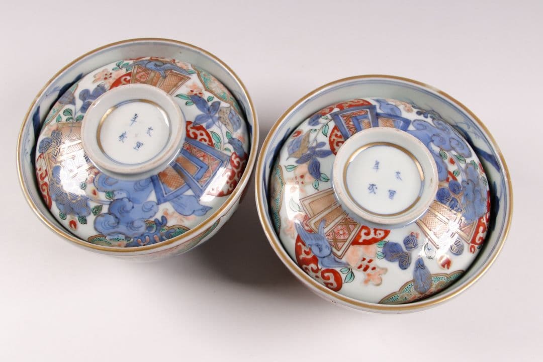 古伊万里 色絵蓋茶碗 二客 太宣年成 花鳥 錦手 染錦