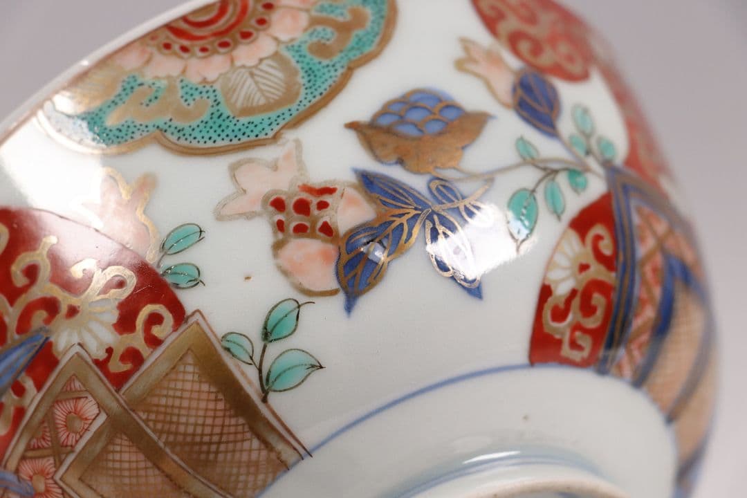 古伊万里 色絵蓋茶碗 二客 太宣年成 花鳥 錦手 染錦 赤絵 金彩 M859
