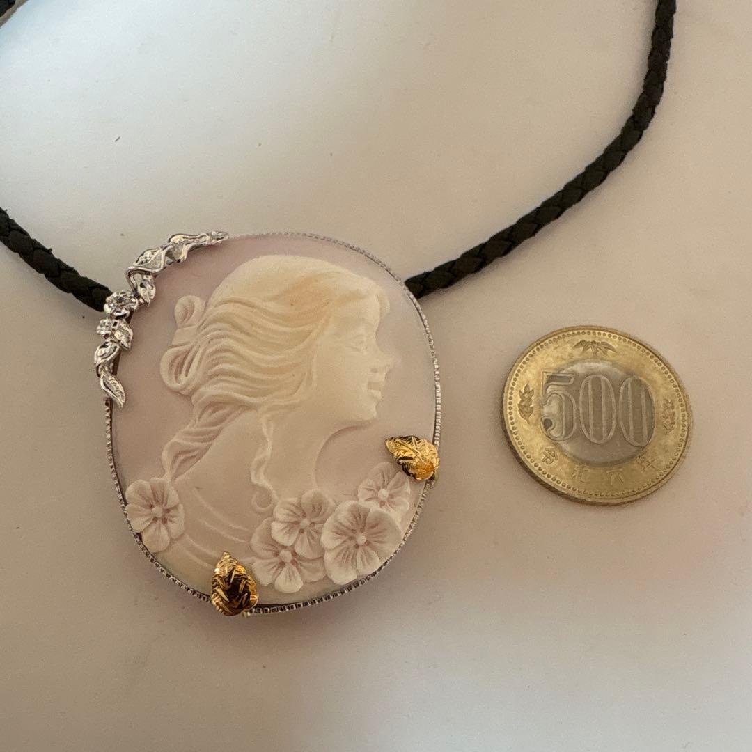 作家品 K18 SV925 コンクシェルカメオ ダイヤ付き ブローチ