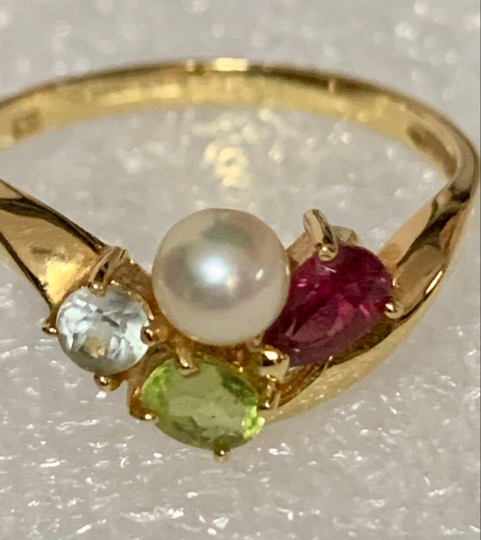 K18 パール＆3種のジュエリー ストーン デザインリング