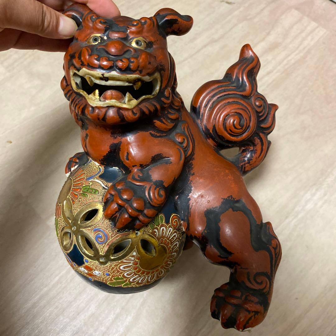 □九谷 玉乗り獅子/九谷焼 玉獅子 判 九谷 獅子 赤獅子 古董縁起物 置物