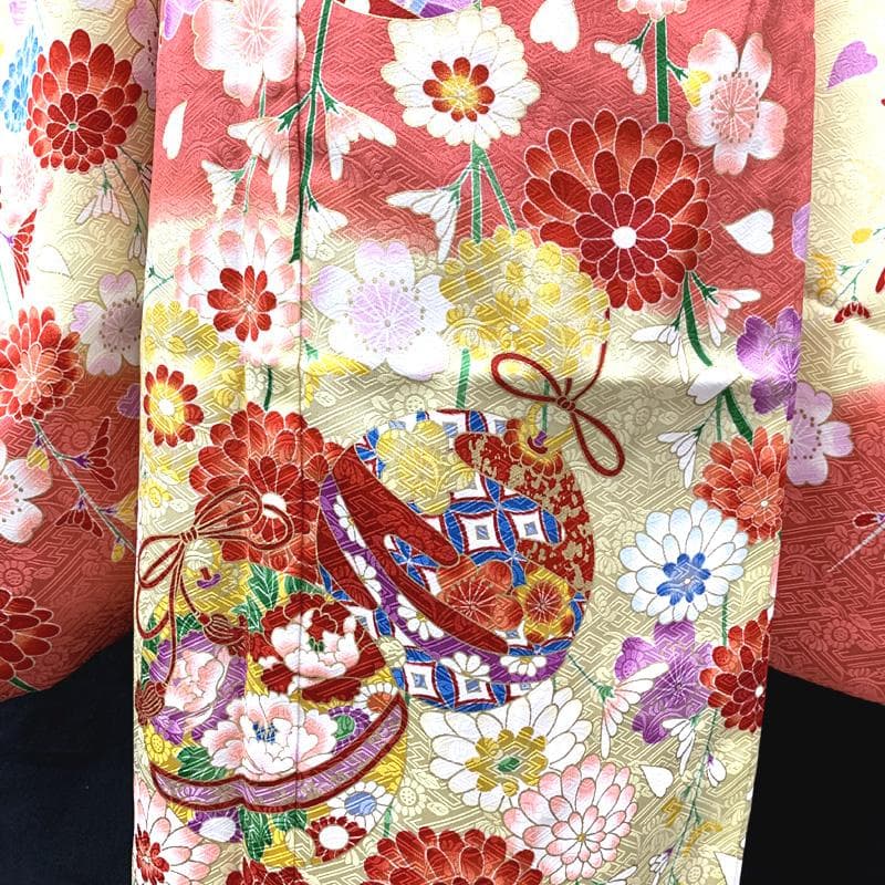 512ag24□七五三 七歳 女児 着物&袋帯 金彩 花 鈴 毬 ピンク□美品