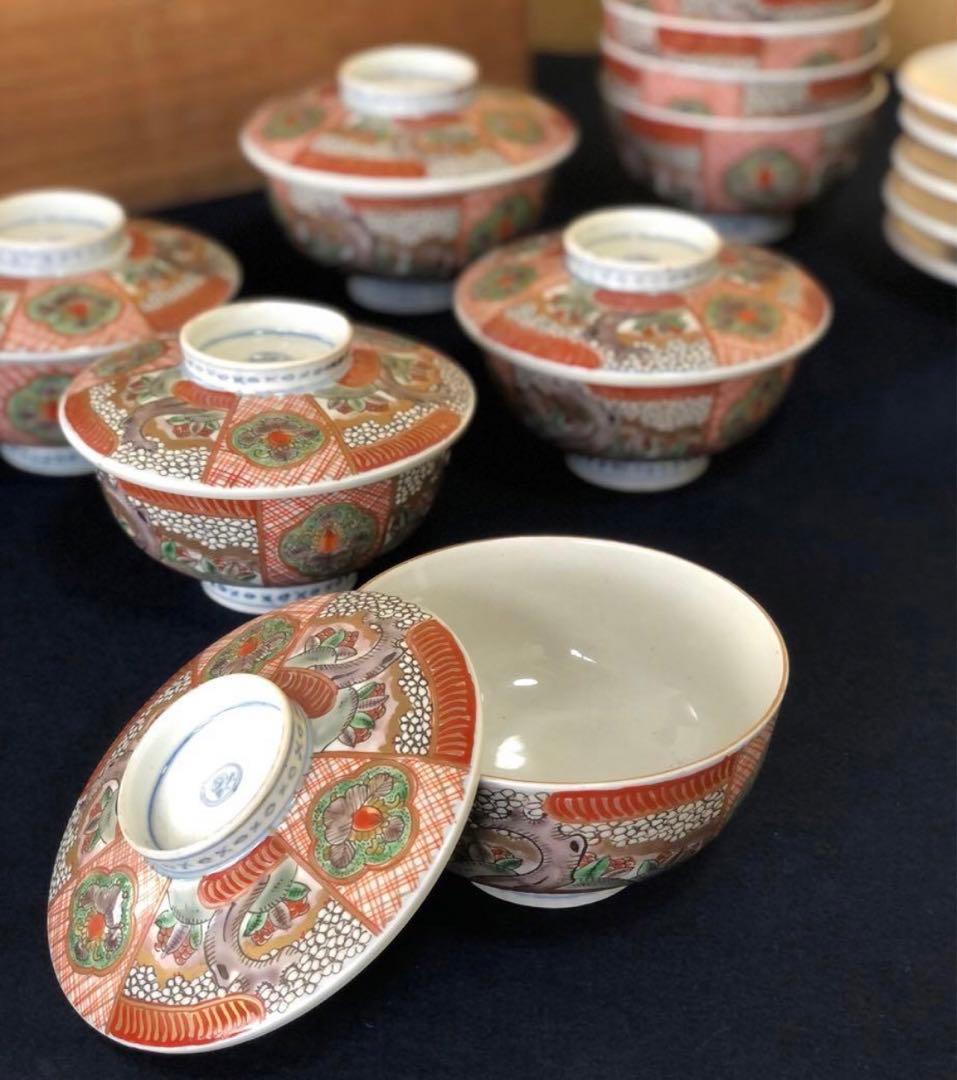 《R》伊万里 赤絵 色絵 蓋碗10客 蓋茶碗 蓋物 木箱　260107か5