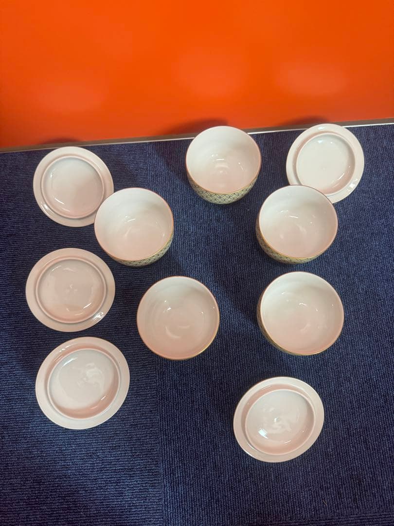 1747 九谷焼 金七宝 湯呑蓋付 5客 金彩 未使用