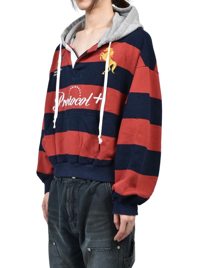 Protocol Index FW25 STRIPE POLO HOODIE / RED - NUBIAN STRIPE POLO
