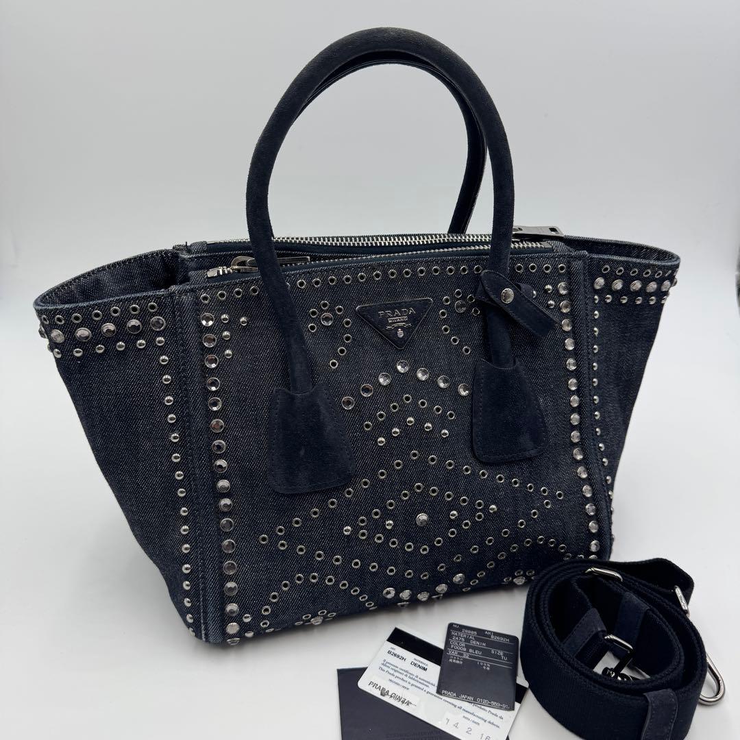 希少 PRADA カナパ デニムビジュー スタッズ 2wayショルダーバッグ