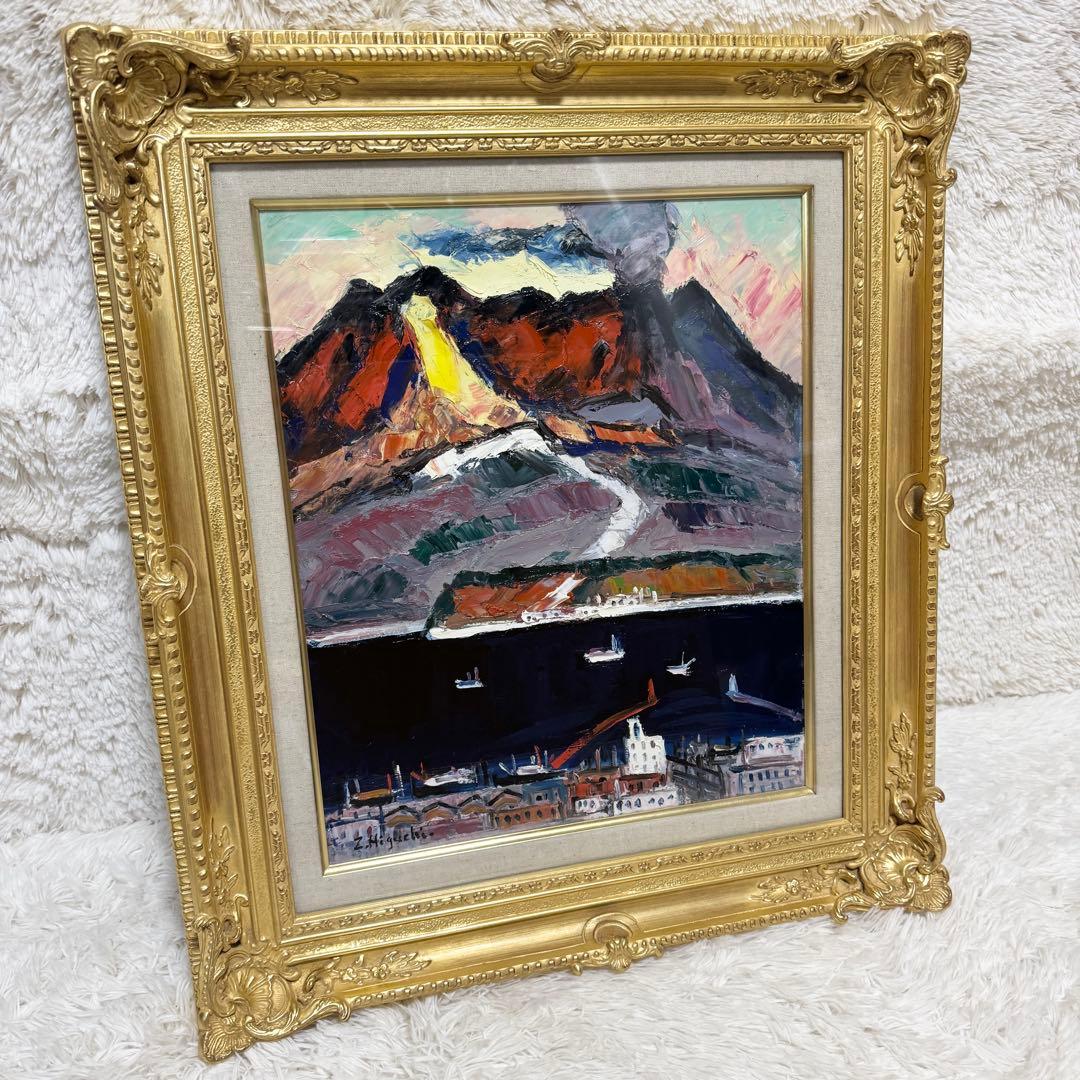 希少】油絵 桜島 金縁 真作 油彩画 風景画 インテリア 油絵八号