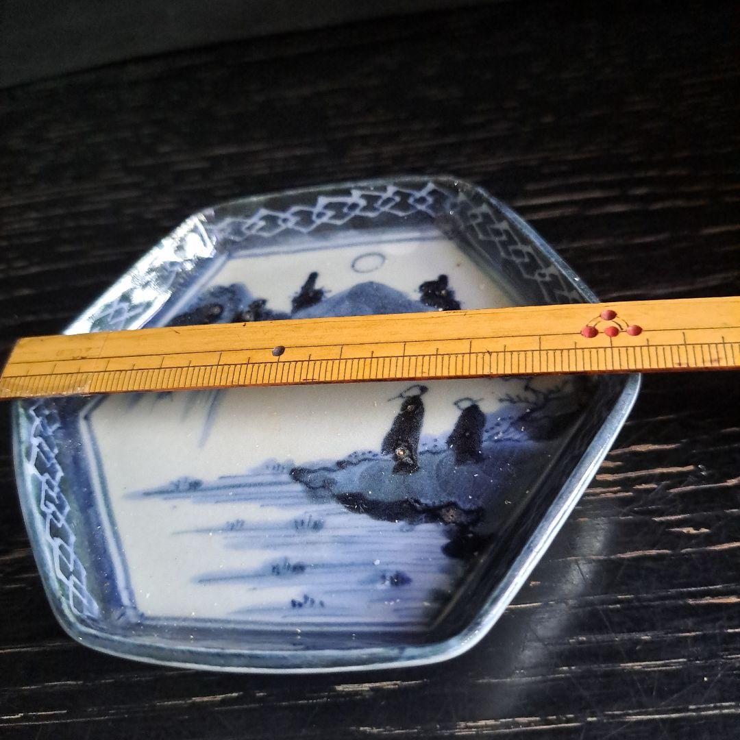 江戸初期　呉須　六角型　　豆皿　超極上　山水人物 月夜のウサギ図　１客　完品に近