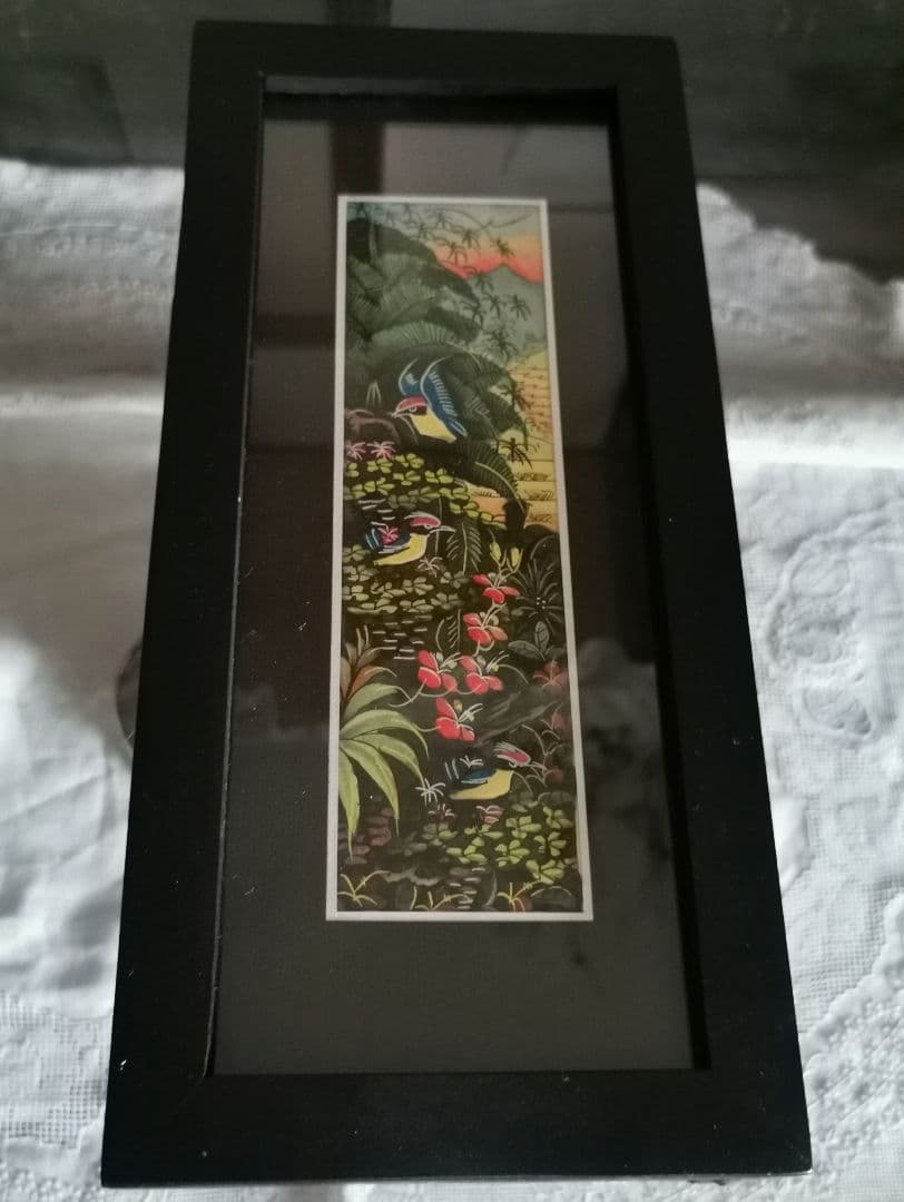 インドネシアバリ島アート 田園と亜熱帯の鳥と花 細密手描き風景画