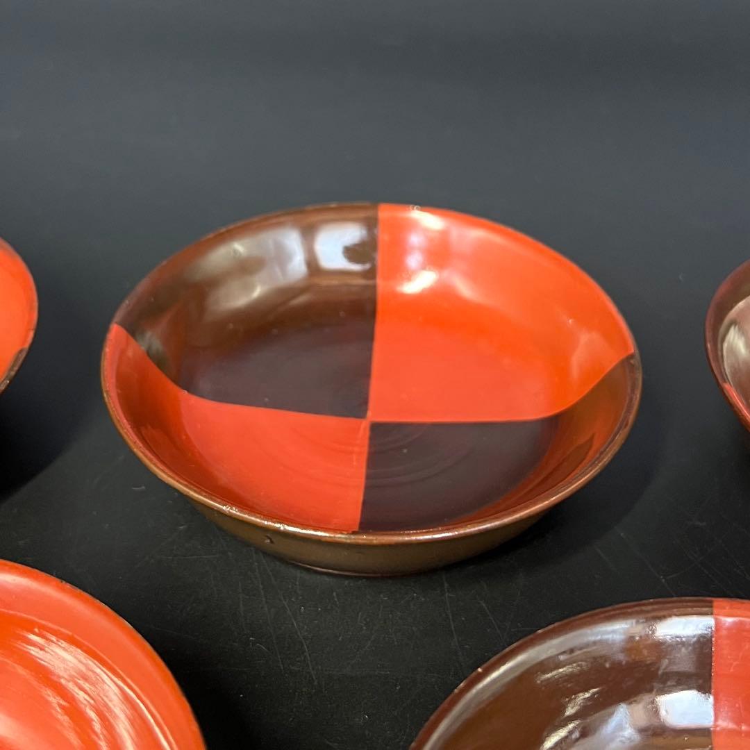 江戸後期 朱黒市松文 片身替 菓子皿 五客揃い 数寄者好み 漆皿 漆器 茶道具