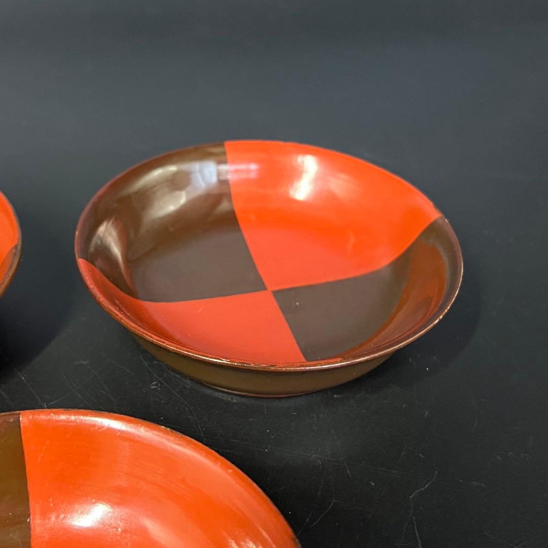 江戸後期 朱黒市松文 片身替 菓子皿 五客揃い 数寄者好み 漆皿 漆器 茶道具