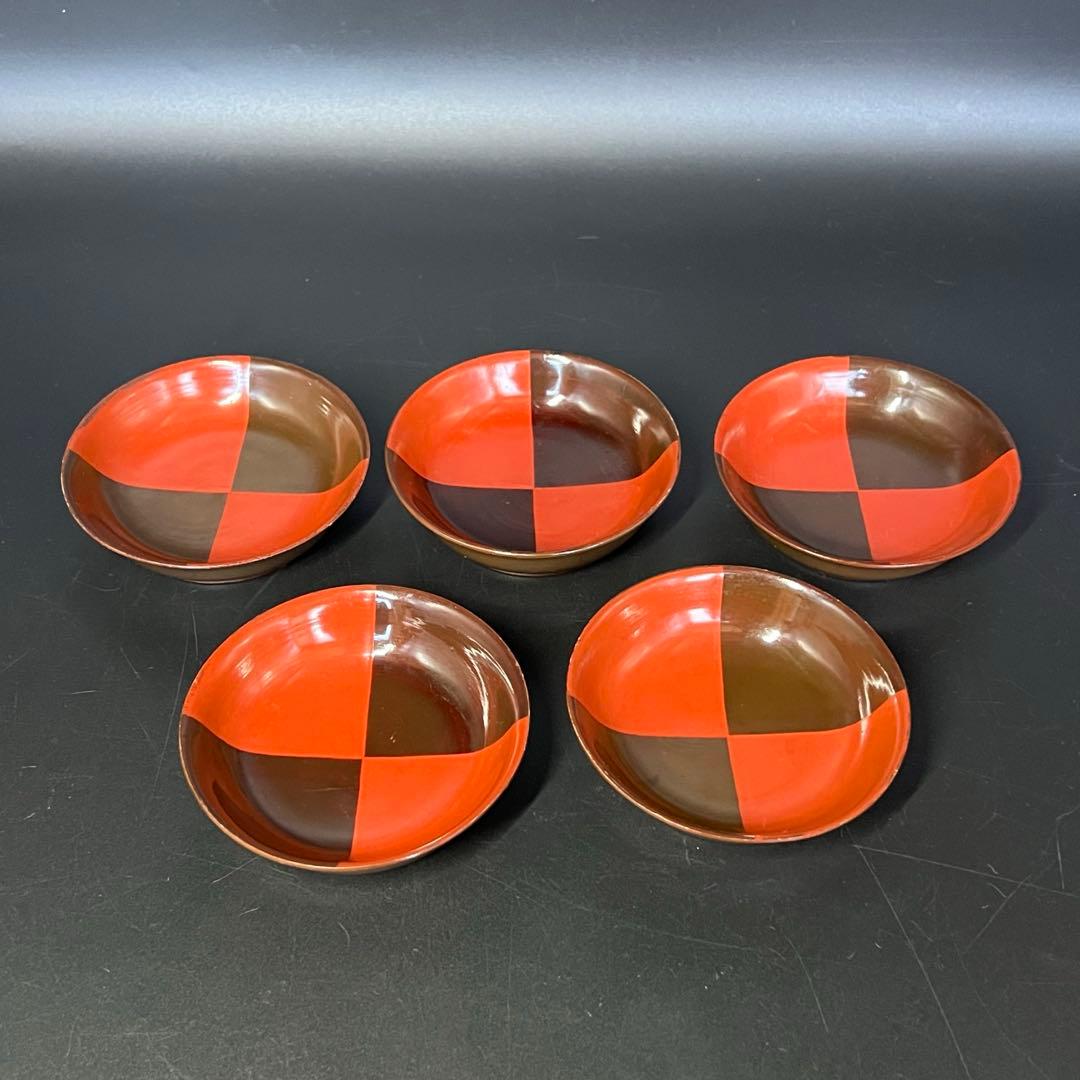 江戸後期 朱黒市松文 片身替 菓子皿 五客揃い 数寄者好み 漆皿 漆器 茶道具