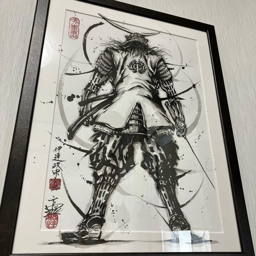 武人画　伊達政宗　こうじょう雅之　直筆原画武士 フレーム付き