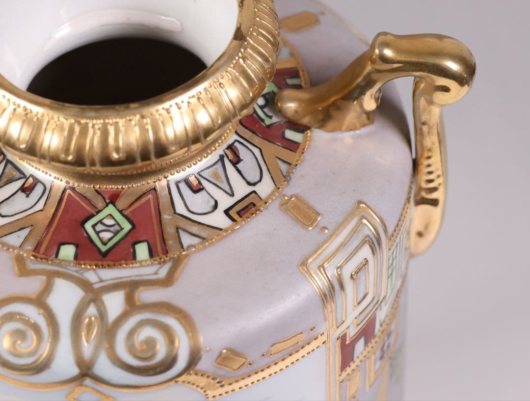 CM318】オールドノリタケ パネル風景 耳付 花瓶 金彩 金盛 明治