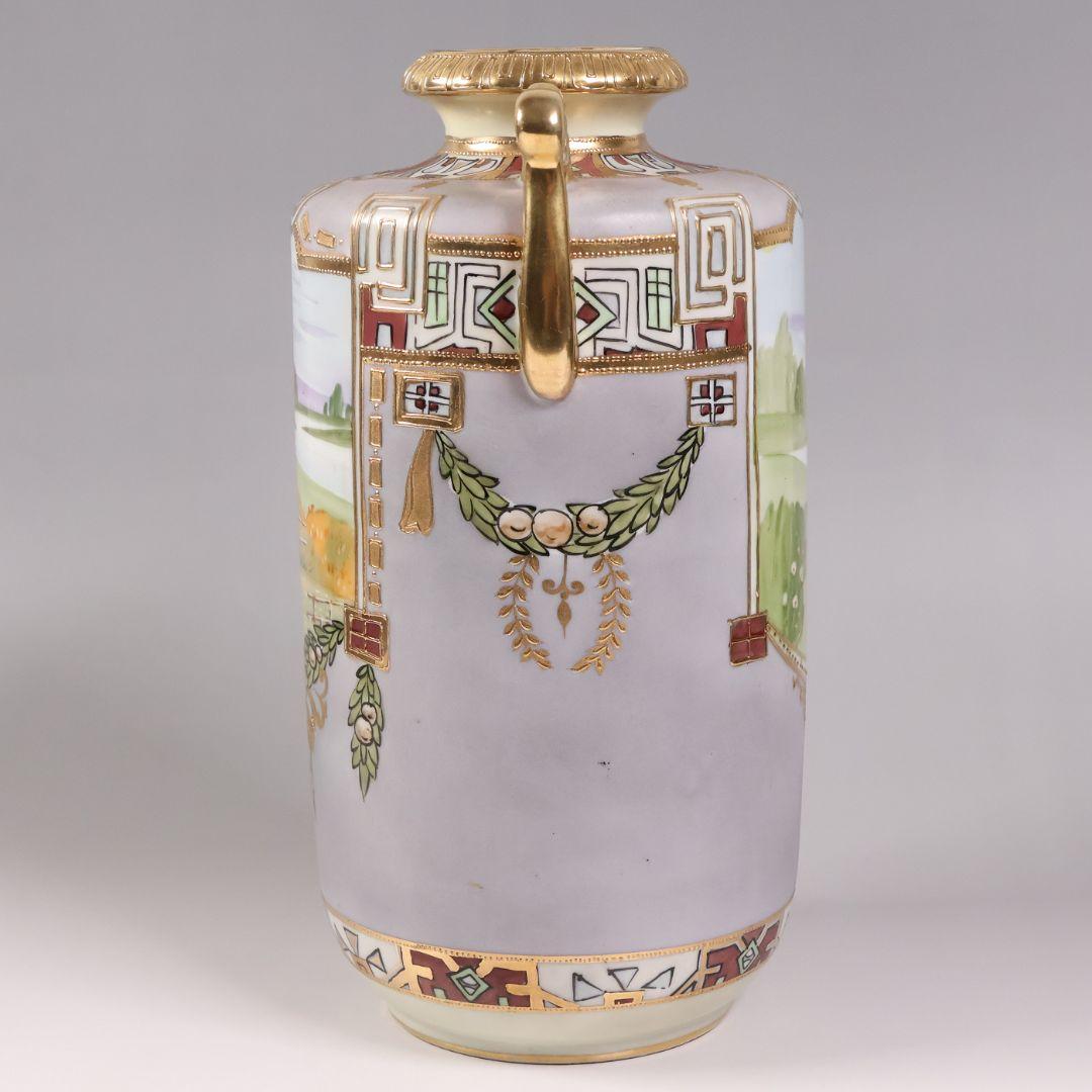 CM318】オールドノリタケ パネル風景 耳付 花瓶 金彩 金盛 明治